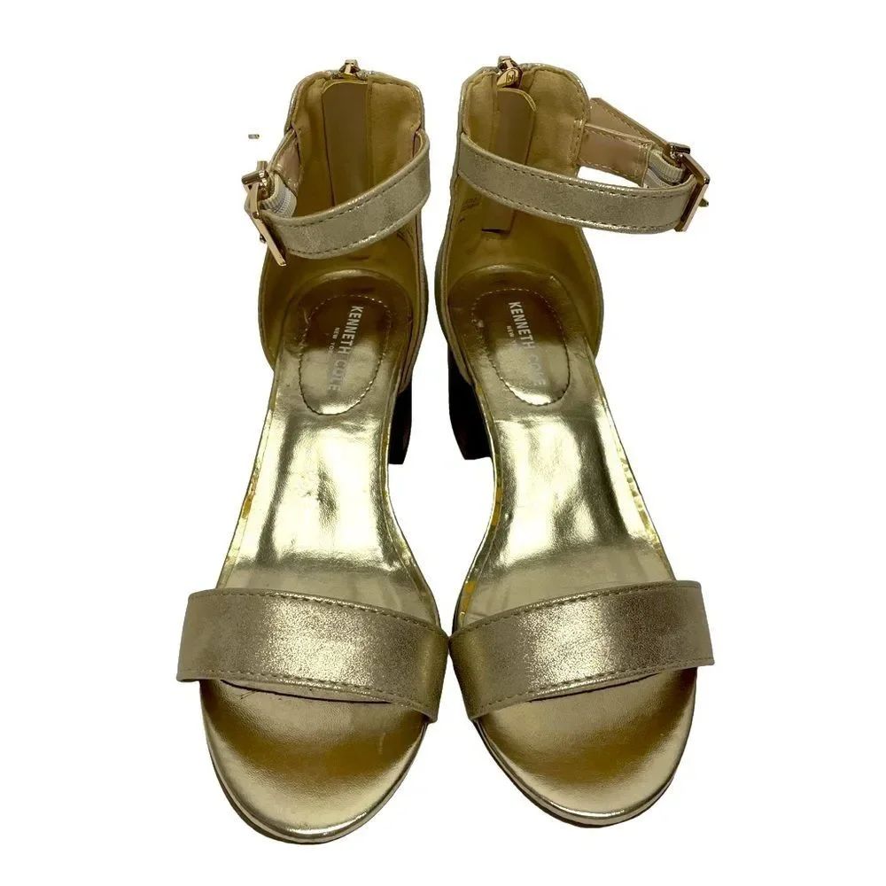 Kenneth Cole Sandals Metallic Gold Open Toe Zipper Heal Ankle Buckle Girl Size 1